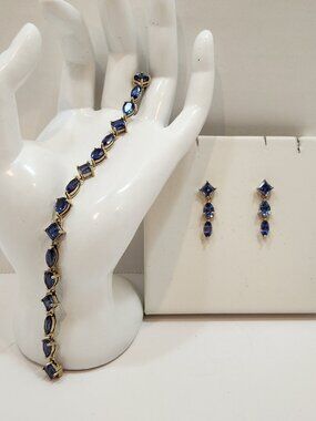 Vintage Solid 10K/14K Gold Simulated Sapphire Bracelet & Earrings Set